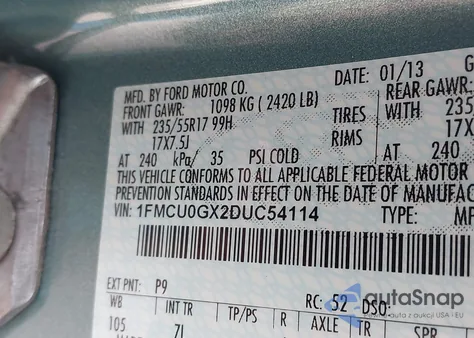 2013 Ford Escape Se z USA, uszkodzony, nr VIN 1FMCU0GX2DUC54114